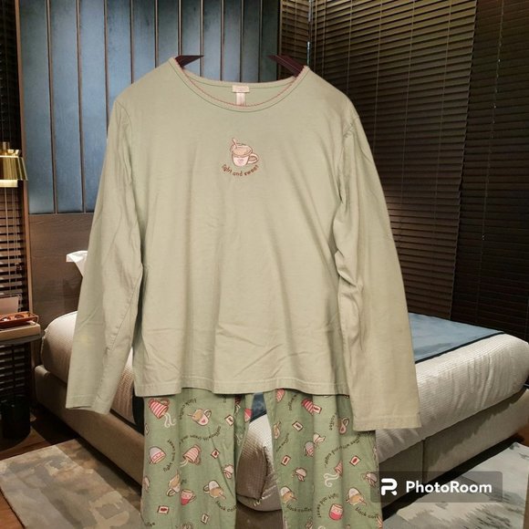 Women's Bass Pajama Set LS Coffee Theme Green Size Large Preowned - Picture 1 of 8